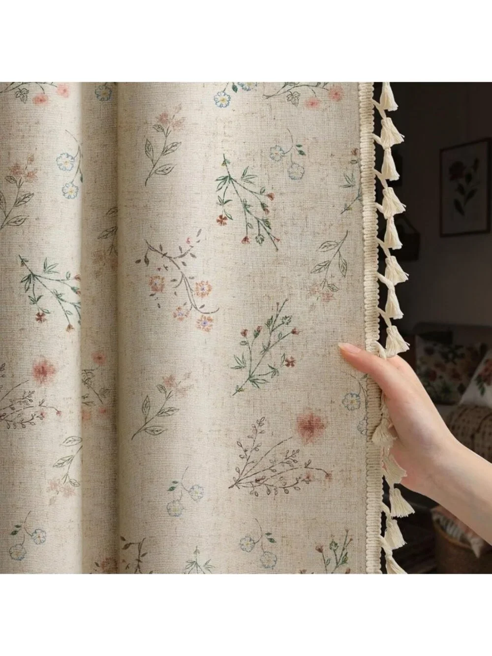 Boho Floral 100% Blackout Curtains - 84 Inch Linen Texture, 2 Panels for Privacy